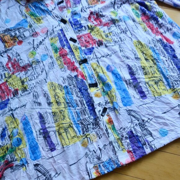 Ali Miles Art Wear Stretch Knit Button Up Shirt Short Sleeve City Print Size 1X - Picture 4 of 13